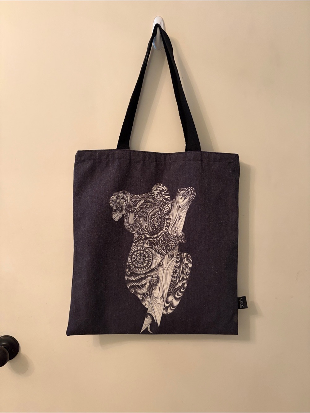 Black Canvas Tote with White Intricate Koala Bear Motif